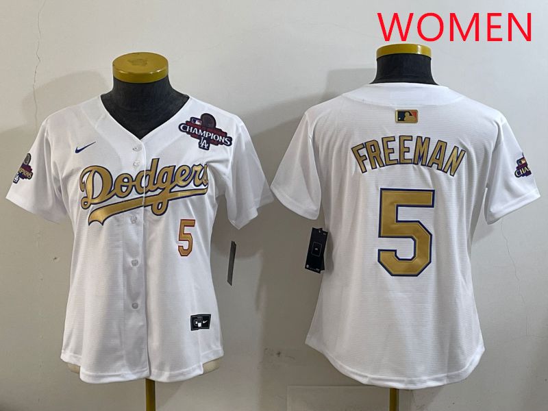 Women Los Angeles Dodgers #5 Freeman White Champion gold character 2025 Nike MLB Jersey style 4